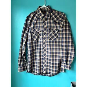 Wrangler Western Plaid Snap Shirt Men's Size Large Tall Brown Pearl Snap Closure